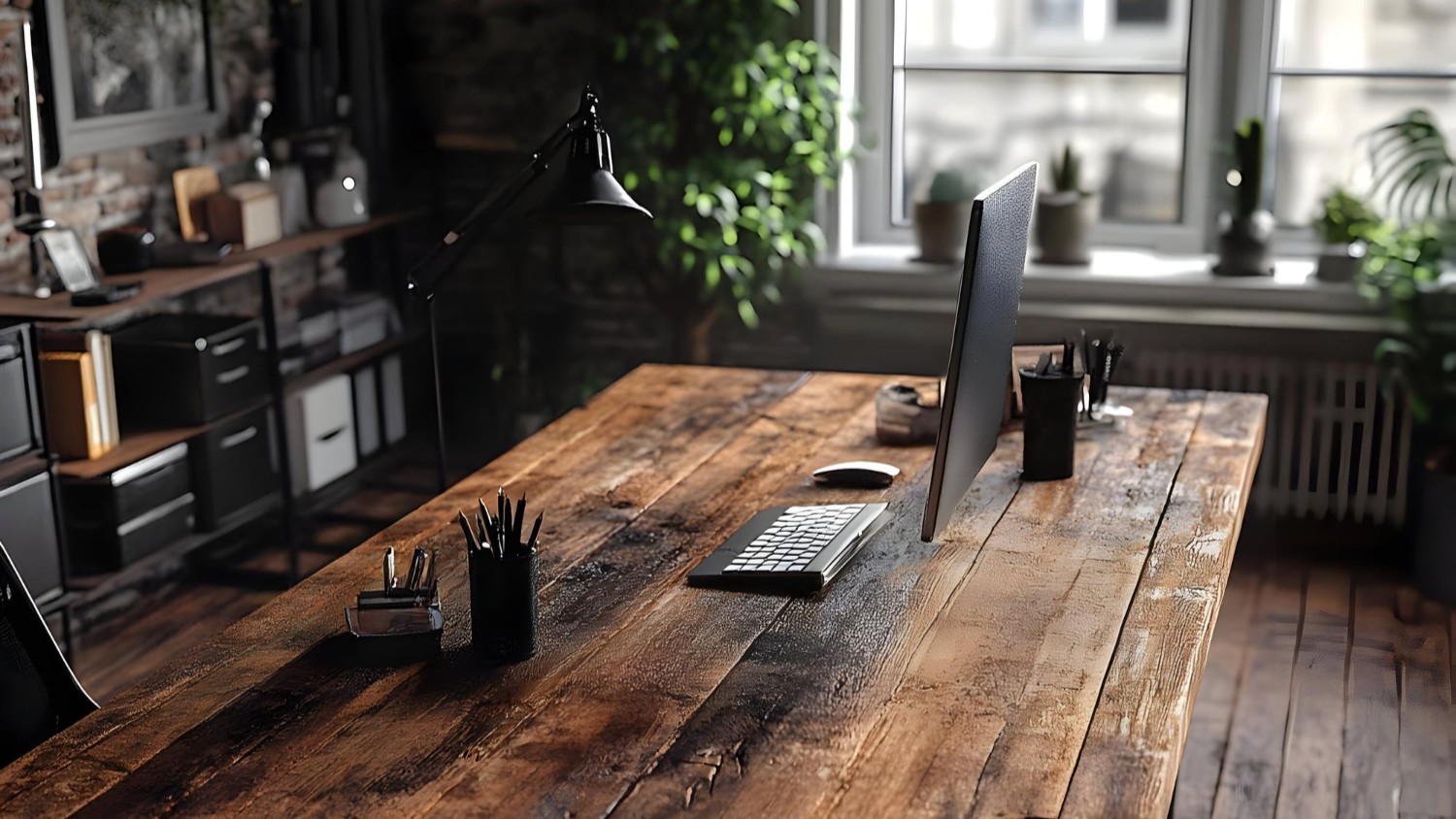 Bureau op maat van robuust hout met monitor, toetsenbord en bureaulamp in sfeervolle werkruimte