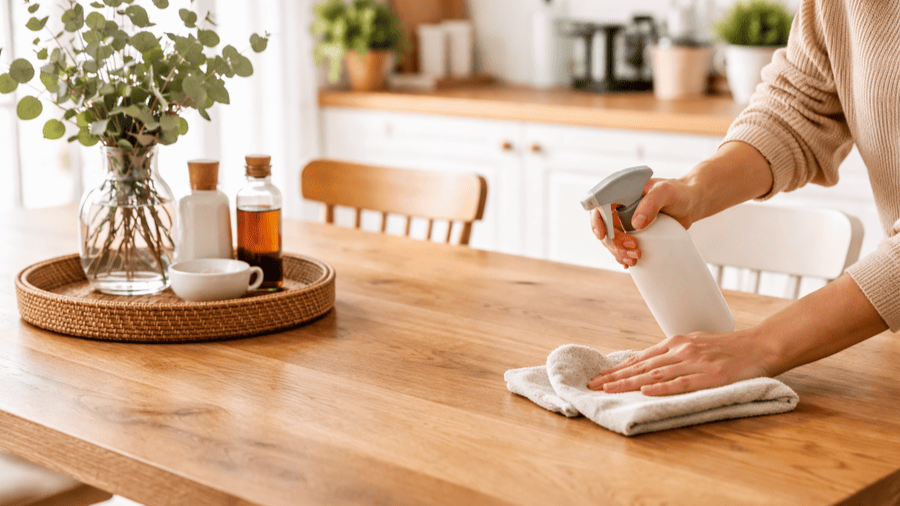 Houten meubels onderhouden door tafel schoon te maken met doek en spray in lichte keuken