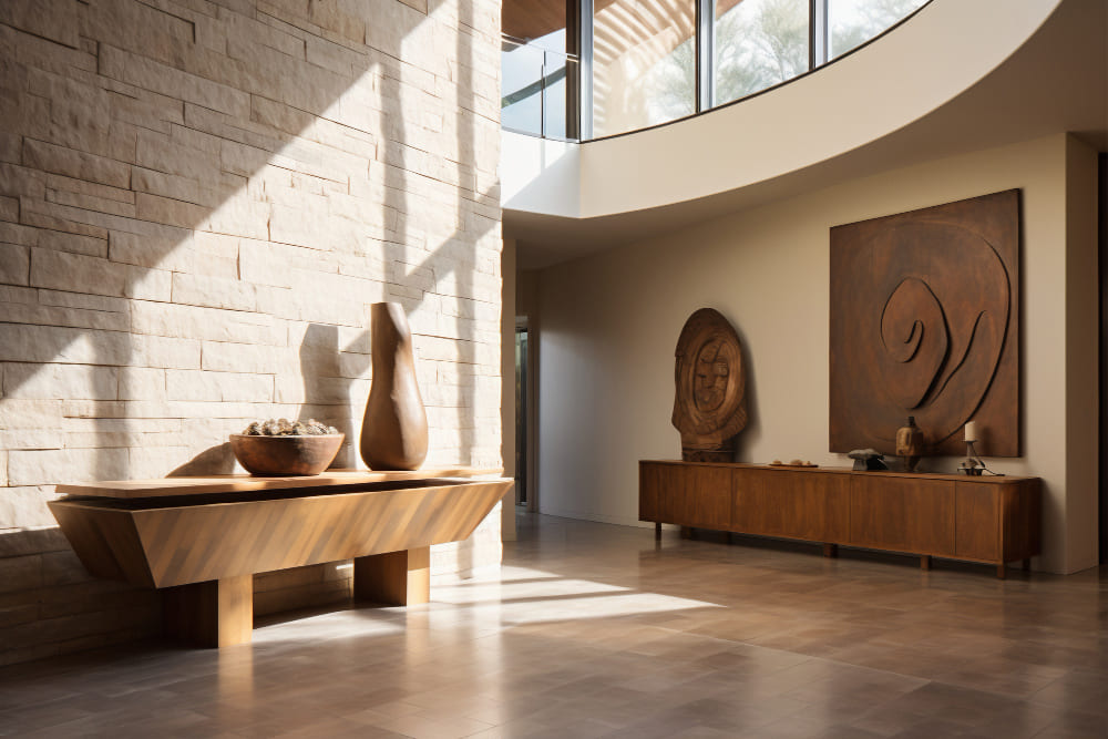 Ruim interieur met houten meubels, natuurstenen wand, grote ramen en warme lichtinval.