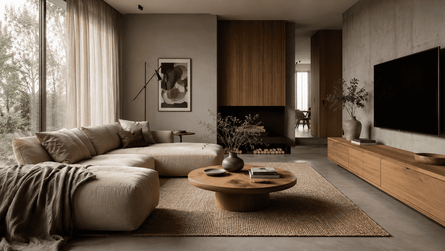 Woonkamer met zachte hoekbank, houten meubels, betonnen wand en natuurlijke decoratie.